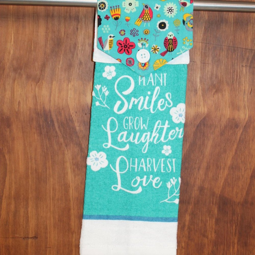 PLANT SMILES HARVEST LOVE TEAL GREEN HANDMADE HANGING KITCHEN COTTON HAND TOWEL